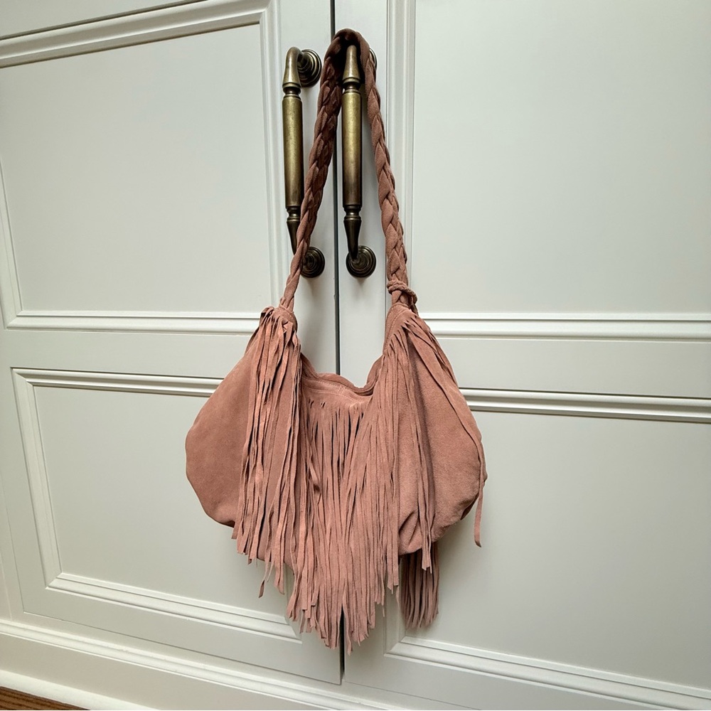 Elegant Fringe Hobo Bag - Dusty Pink